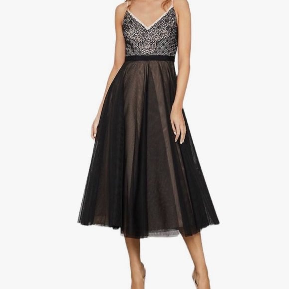 NEW BCBGMAXAZRIA Geometric Floral Lace Tulle Cocktail Midi Dress Black Bare Pink - Picture 5 of 13